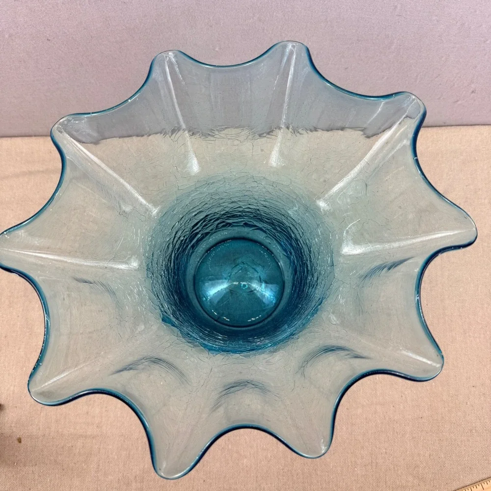 Bischoff Peacock Blue Glass‎ Crackle Vase Ruffled Rim 11